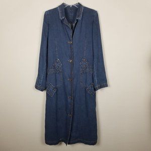 Vintage Denim Beaded Long Trench Coat Jacket